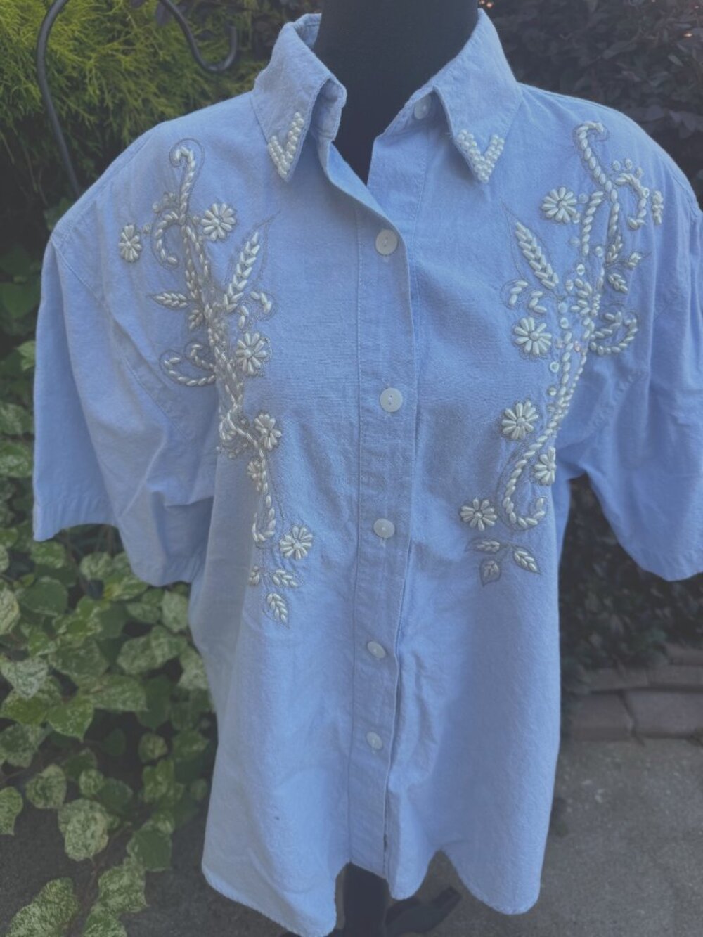 Jane Ashley Linen Embroidered Blouse Women’s Large Short Sleeve Floral Top